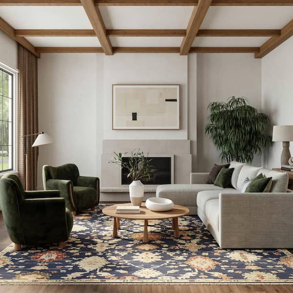 Antique Bloom Navy 9 ft. x 12 ft. Medallion Traditional Area Rug
