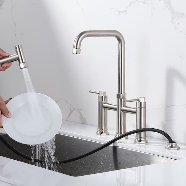 Elegant Brass Double Handle Bridge Kitchen Faucet with Side Sprayer, 59 in. Hose, and Supply Lines in Brushed Nickel