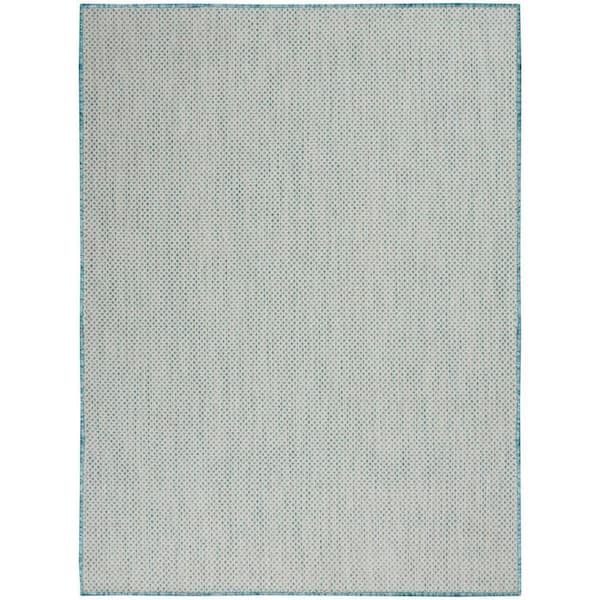 Nourison Courtyard Ivory Aqua 5 ft. x 7 ft. Geometric Contemporary Indoor/Outdoor Patio Area Rug