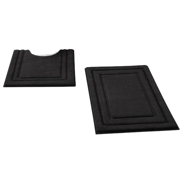 Bathroom Rugs Sets 2 Piece, Super Soft and Absorbent Non Slip Microfiber Machine Washable U-Shaped Toilet Mat in Black