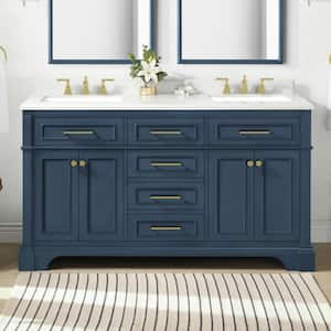Melpark 60 in. W x 22 in. D x 34 in. H Double Sink Bath Vanity in Grayish Blue with White Engineered Marble Top
