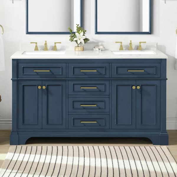 Home Decorators Collection Melpark 60 in. W x 22 in. D x 34 in. H Double Sink Bath Vanity in Grayish Blue with White Engineered Marble Top