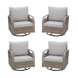 Brown Wicker Outdoor Rocking Chair Patio Swivel Chair with Gray Cushions 4-Pack