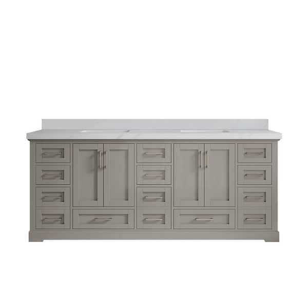Willow Collections Boston 84 in. Double Sink Freestanding Elephant Gray Bath Vanity with Calacatta Sienna Qt. Top Unassembled