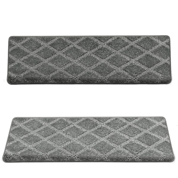 Diamond Trellis Gray 9.5 in. x 30 in. x 1.2 in. Bullnose Indoor Non-slip Carpet Stair Tread Cover Tape Free (Set of 14)