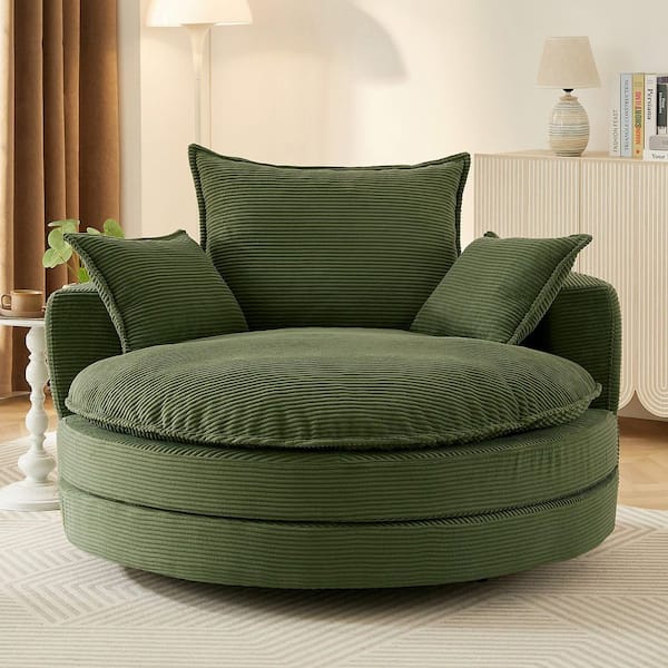 Green Corduroy 360° Swivel Sofa Chair Accent Barrel Chair with Dual-Layer Cushion Design
