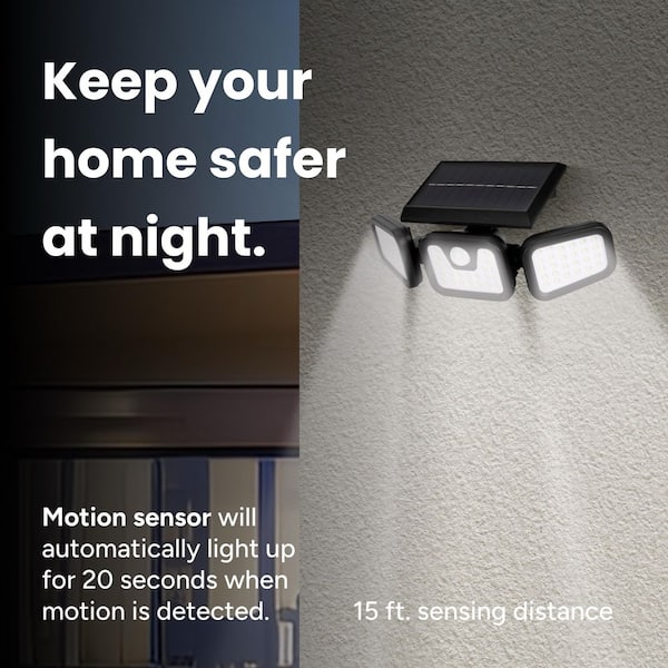 TECHKO 3-Head 185 Lumen Matte Black Solar Integrated LED Outdoor