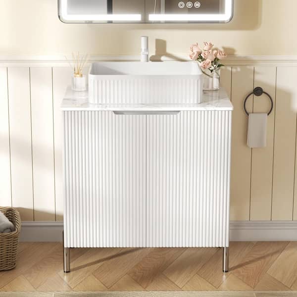 FAMYYT 30 in. W Freestanding Bathroom Vanity in White with White Patterned Ceramic Top