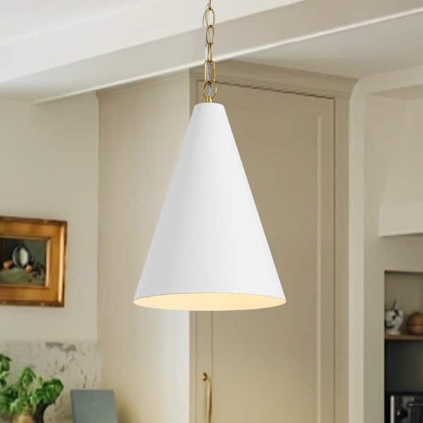 9.8 in. 1-Light Modern Industrial Matte White Pendant Light with Cone Metal Shade for Kitchen Island