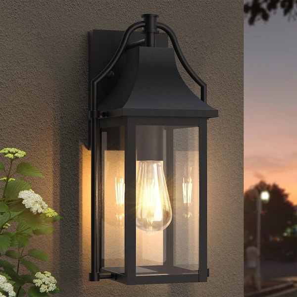 Hawaii 15 in. H 1-Bulb Black Hardwired Outdoor Wall Lantern Sconce with Dusk to Dawn