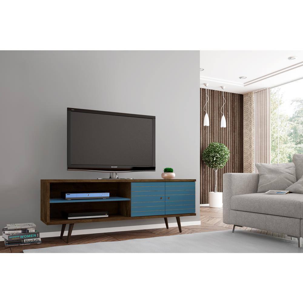 Rustic Brown and Aqua Blue 63" MDF TV Stand with Cabinet
