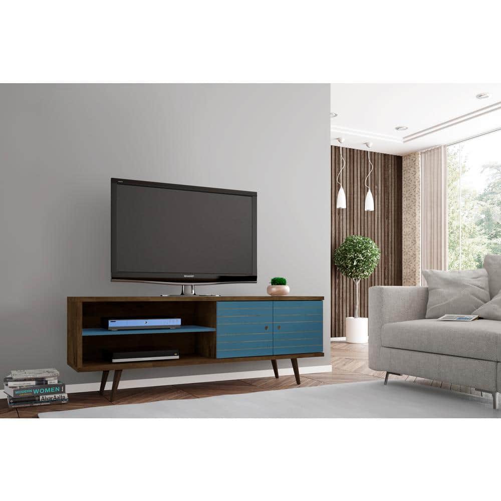 Rustic Brown and Aqua Blue 63" MDF TV Stand with Cabinet