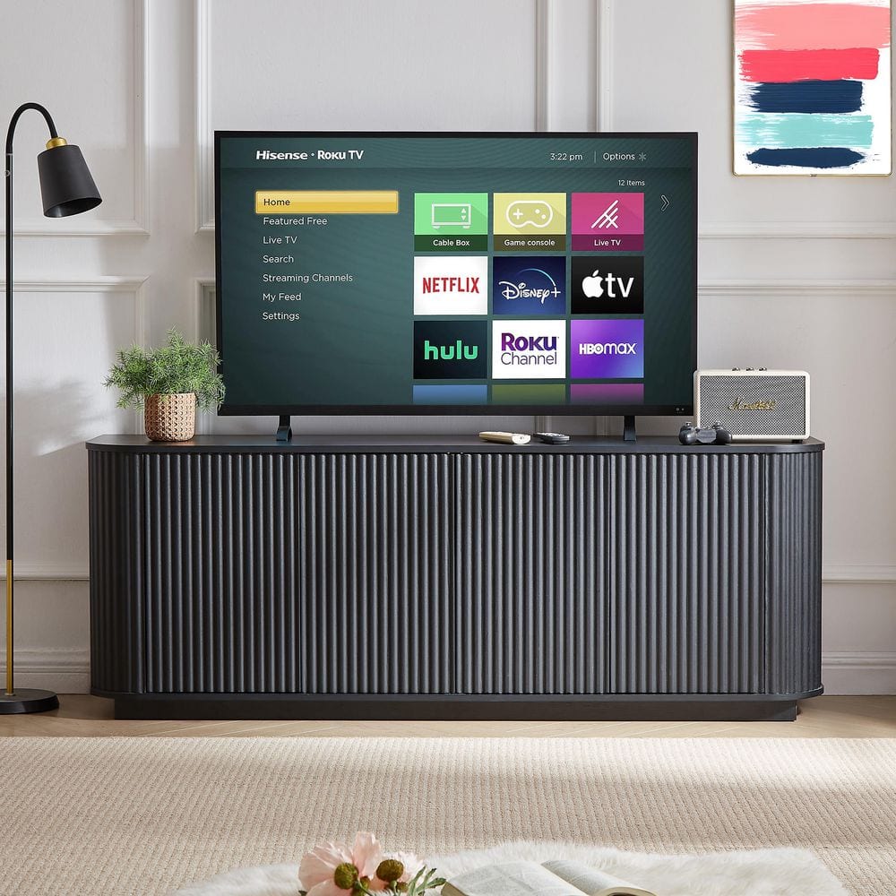 64 in. Black Wave Pattern Sideboard Cabinet-MDF Storage TV Stand for Living Room, Entryway, or Kitchen
