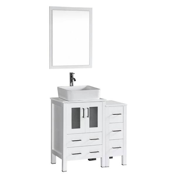 Bosconi 36 in. W Single Bath Vanity in White with Pheonix Stone Vanity Top with White Basin and Mirror
