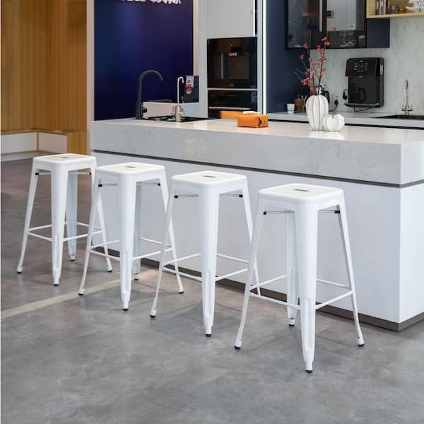 30 in. Backless Non-Upholstered Metal Bar Stool Stackable Heavy-Duty Counter-Height Chair Indoor & Outdoor Use White