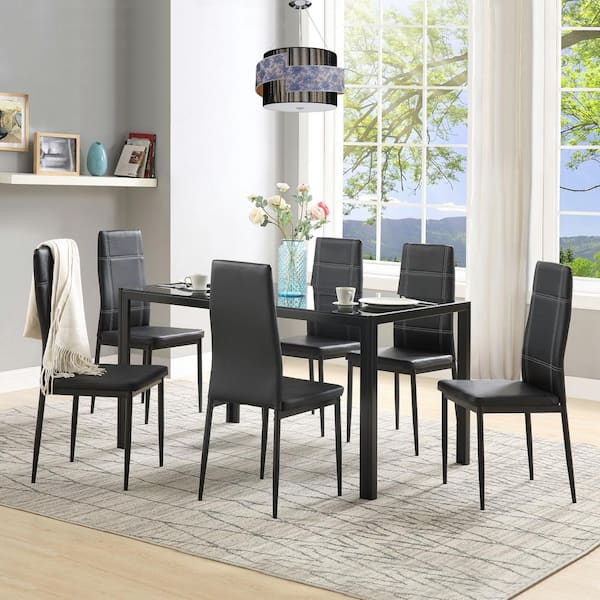 Harper Bright Designs 7 Piece Black, Black Glass Dining Room Table Set
