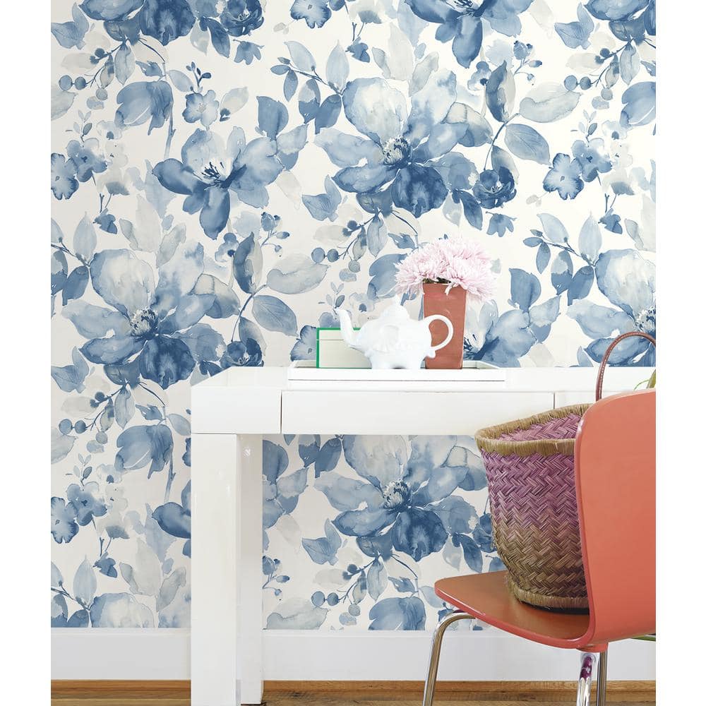 Bluestone Watercolor Garden Floral Pre-pasted Matte Wallpaper Roll