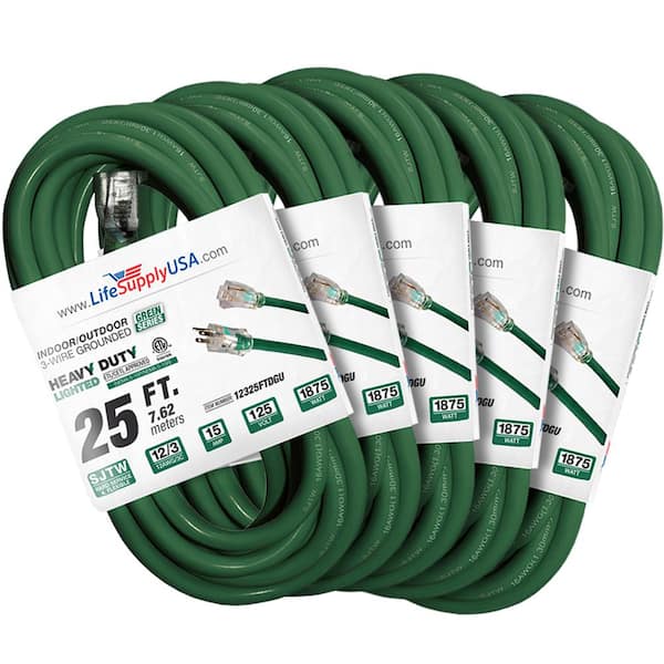 LifeSupplyUSA 25 ft. 12-Gauge/3 Conductors SJTW Indoor/Outdoor Extension Cord with Lighted End Green (5-Pack)