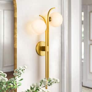 Gallatin 2-Light 25.2 in. Aged Brass Modern Linear Sputnik Wall Sconce with Speckled Frosted Opal Bubble Glass Shade