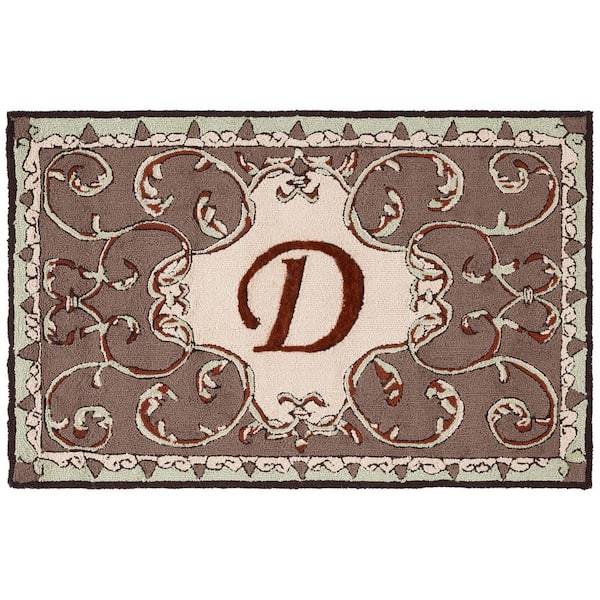 Monogram Mocha 3 ft. x 4 ft. "D" Ornate Floral Indoor/Outdoor Area Rug