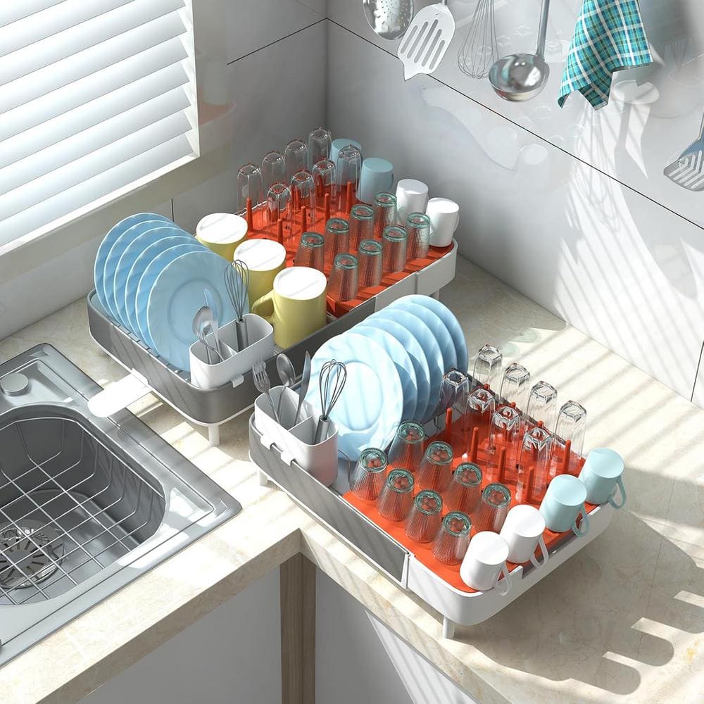 21 in. White Expandable Dish Rack with Detachable Utensil Holder