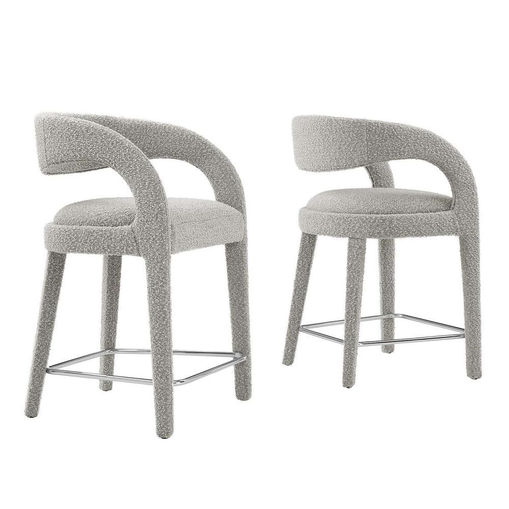 Taupe Silver Boucle Upholstered Counter Stools with Metal Legs, Set of 2