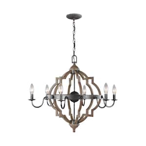Socorro 6-Light Weathered Gray/Distressed Oak Quatrefoil Rustic Farmhouse Chandelier with Dimmable Candelabra LED Bulbs