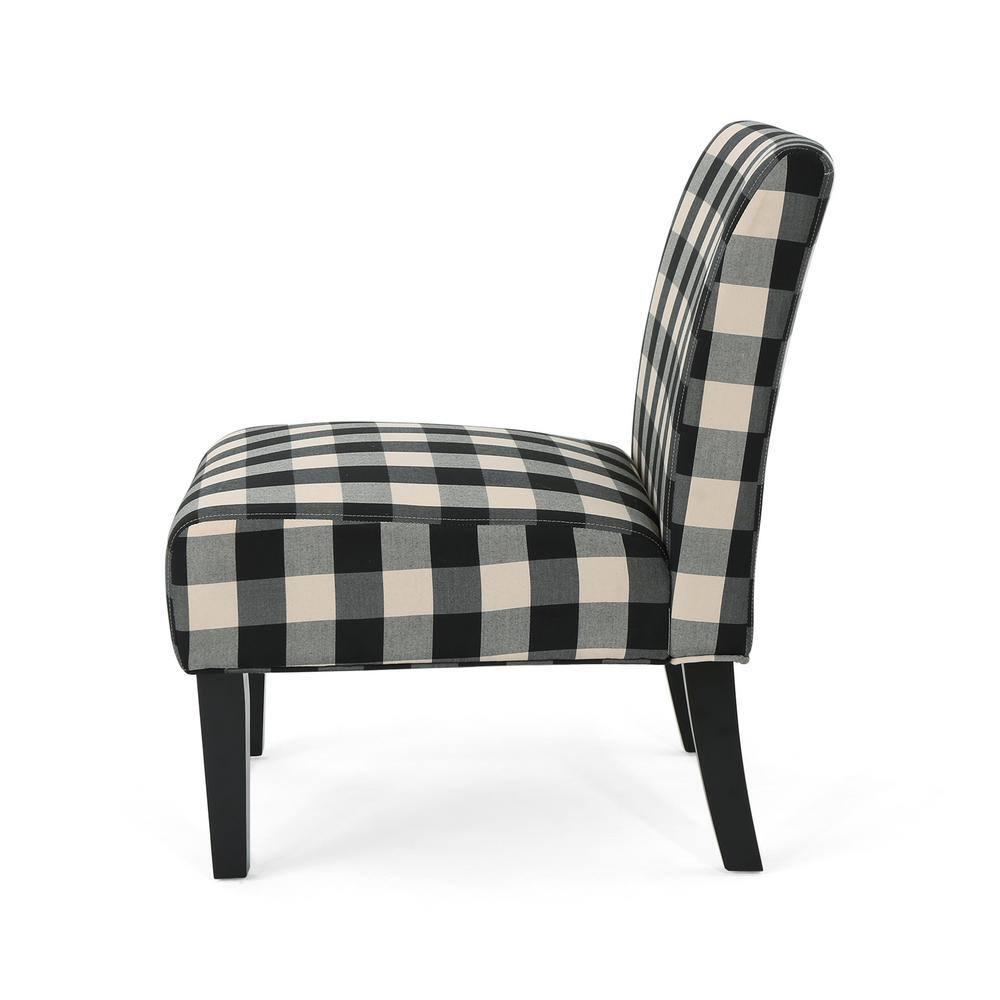 Handcrafted Black Plaid Rubberwood Slipper Accent Chair