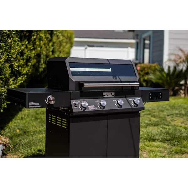 Denali 4-Burner Propane Gas Grill in Black with Clearview Lid, 3-Phase LED Controls and Side Burner