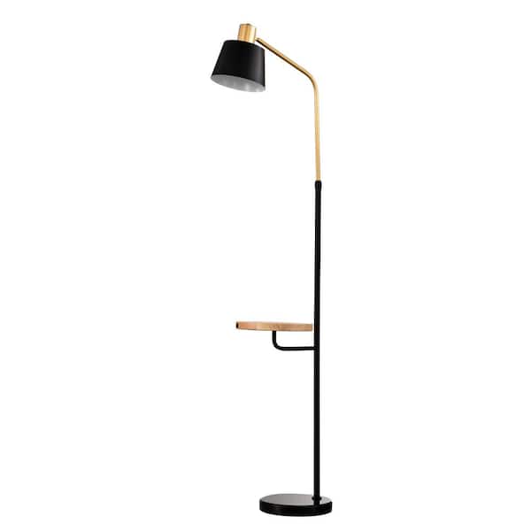Jushua 64 in. H Matte Black Standard Floor Lamp with Wood Bedside Nightstand End Table and Built-in USB Charging Port