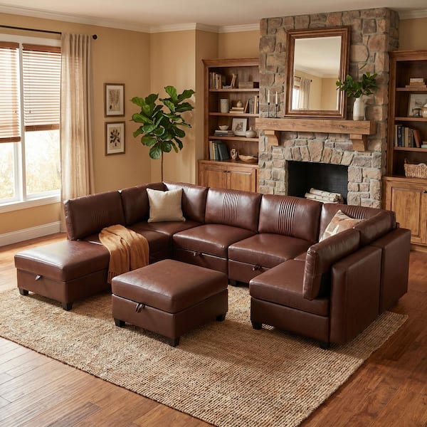 128.35 in. 8-Piece Faux Leather Convertible Modular Sectional Sofa with 2 Ottomans and Hidden Storage in Dark Brown