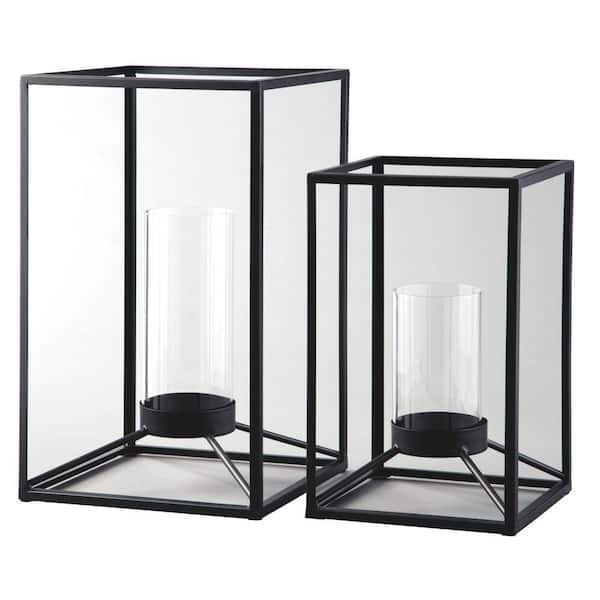 Benjara Black Metal Frame Lantern with Cylindrical Glass Hurricane (Set of 2)
