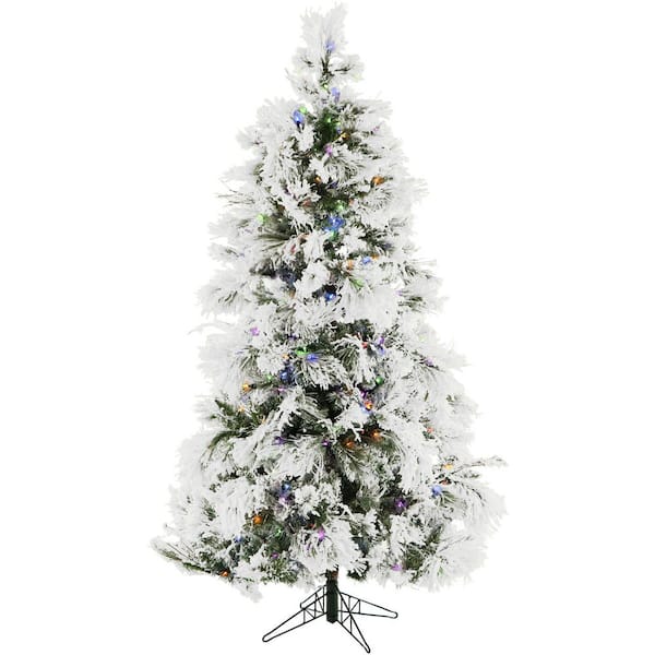 Fraser Hill Farm 6.5-ft. Pre-Lit Snow Flocked Snowy Pine Artificial Christmas Tree, Multi-color LED Lights