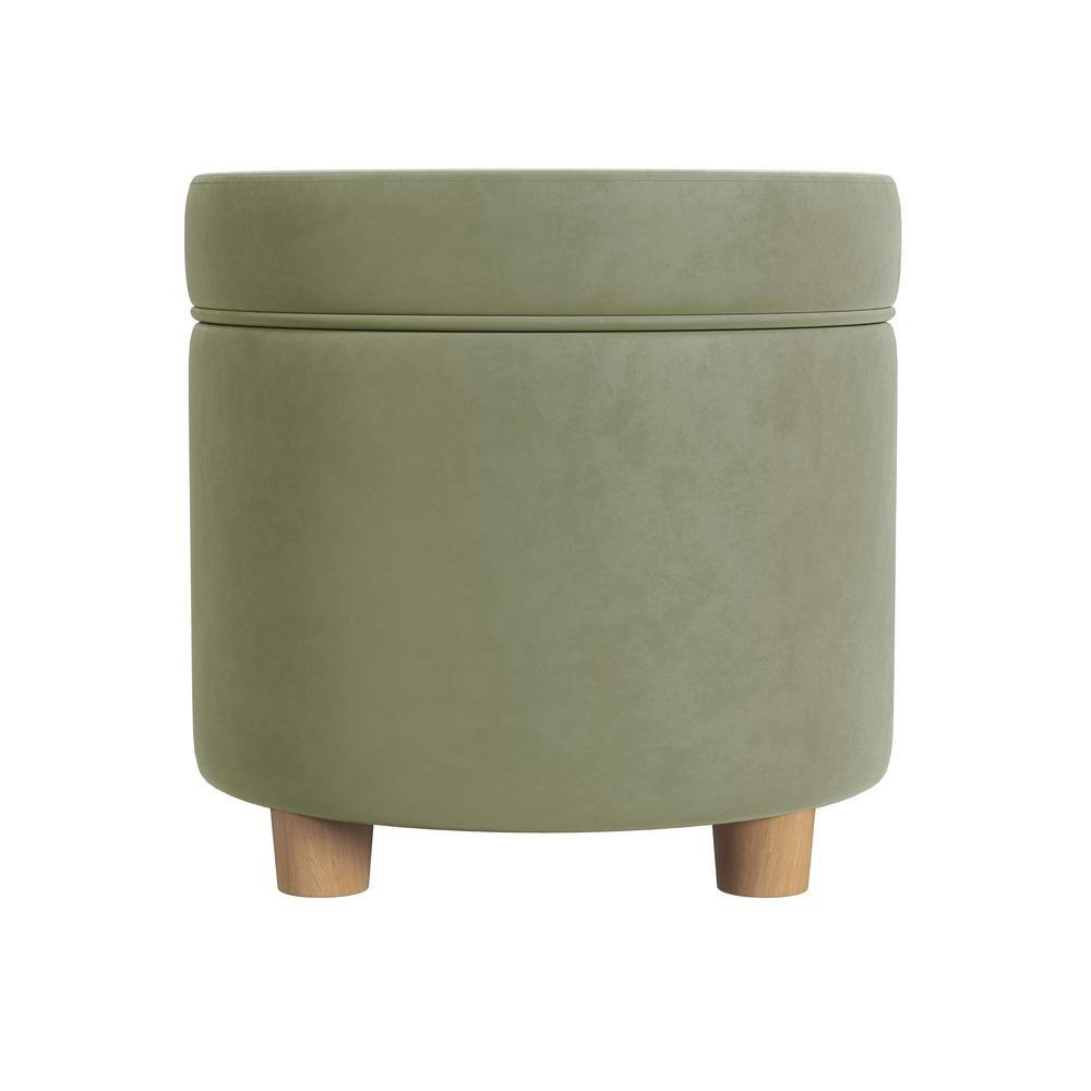 Light Sage Green Velvet Round Ottoman with Storage