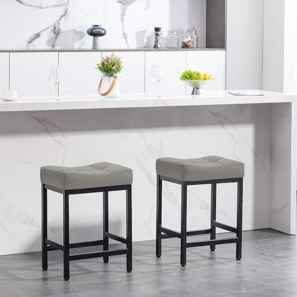JEAREY Peel Modern 24 in. Counter Height Faux Leather Grey Metal Bar Stools for Kitchen (Set of 2)