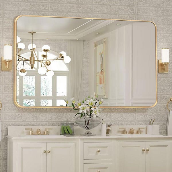 30 in. W x 48 in. H Modern Rectangular Aluminum Alloy Gold Rounded Corner Wall Mirror/Decorative Mirror