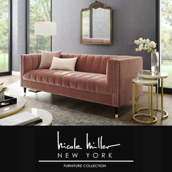 Nicole Miller Joan 34 in. Blush/Gold Velvet 3-Seater Tuxedo Sofa with Nailheads