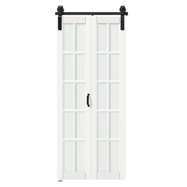 30in x 84in 10 Lite, Frosted Glass, White, MDF, Bi-Fold Style, Pre-assembled Panel Sliding Barn Door with Hardware Kit