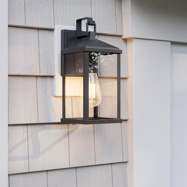 Cantley 13 in. Matte Black 1-Light Hardwired Outdoor Medium Wall Lantern with Clear Glass Panels