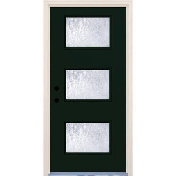 Builder's Choice 36 in. x 80 in. Fairway 3 Lite Rain Glass Painted Fiberglass Prehung Front Door with Brickmould