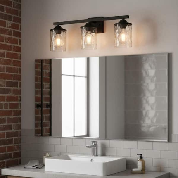 23.2 in. 3-Light Matte Black Linear Classic Modern Bathroom Vanity Light Wall Light with Clear Hammered Glass Shades