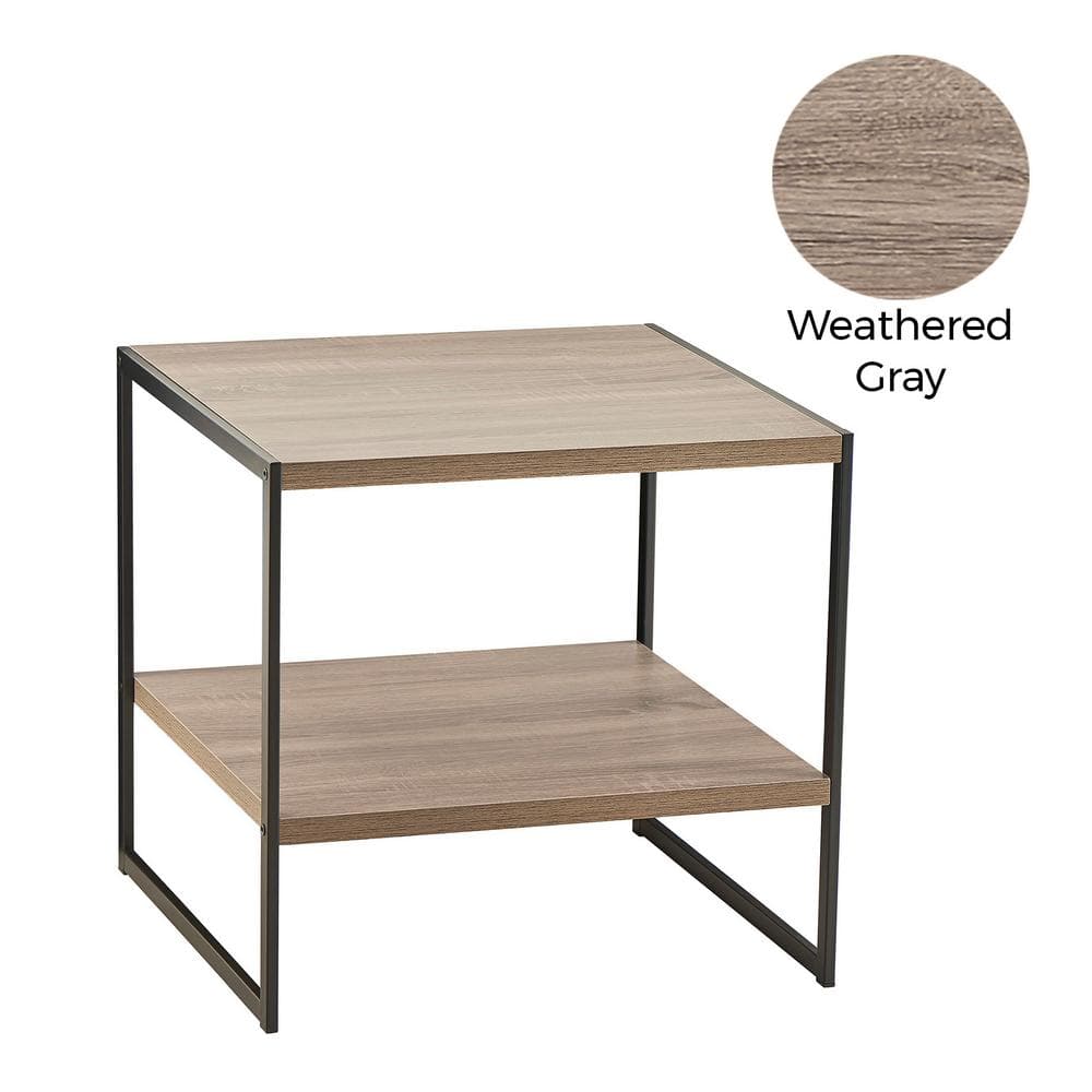 Weathered Gray and Black 2-Tier Wood and Metal End Table