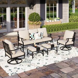 Black 5-Piece Metal Meshed 7-Seat Outdoor Patio Conversation Set with Beige Cushions, 2 Swivel Chairs and 2 Ottomans