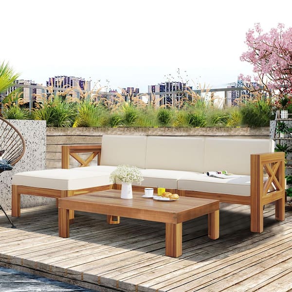 Tunearary Brown 5-Piece Wood Outdoor Sectional Sofa Set Conversation Furniture Set with Beige Cushions, Table