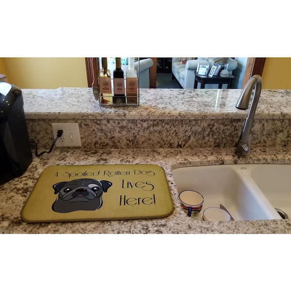 Caroline's Treasures 14 in. x 21 in. Multicolor Black Pug Spoiled Dog Lives Here Dish Drying Mat
