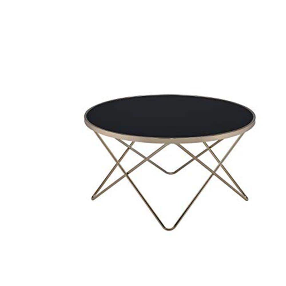 34" Black Glass and Gold Iron Round Coffee Table