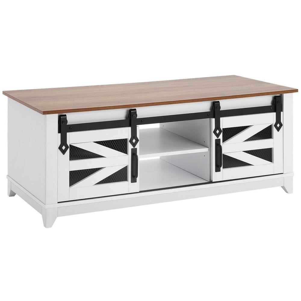 48 in. Farmhouse Coffee Table, Rectangle Coffee Table with 2-Sliding Barn Doors, 2-Tiers Wooden Table, White and Natural