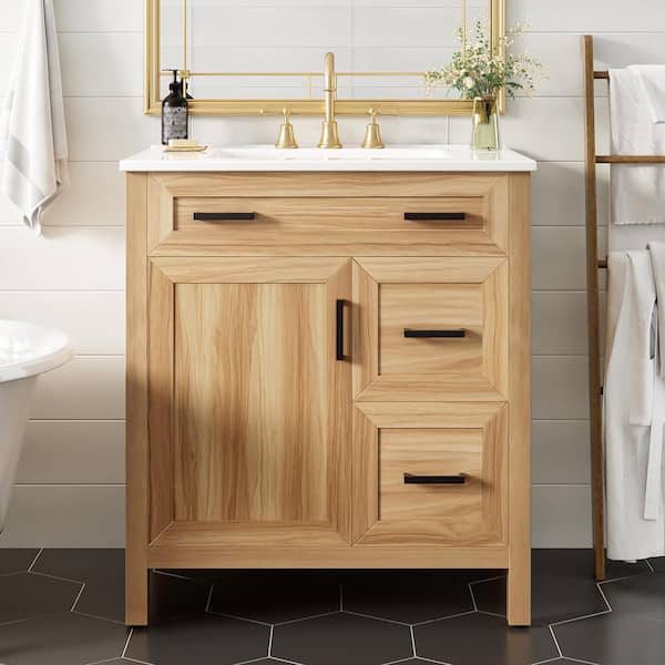 30 in. Freestanding Acacia Wood Bath Vanity with White Ceramic Top Unassembled