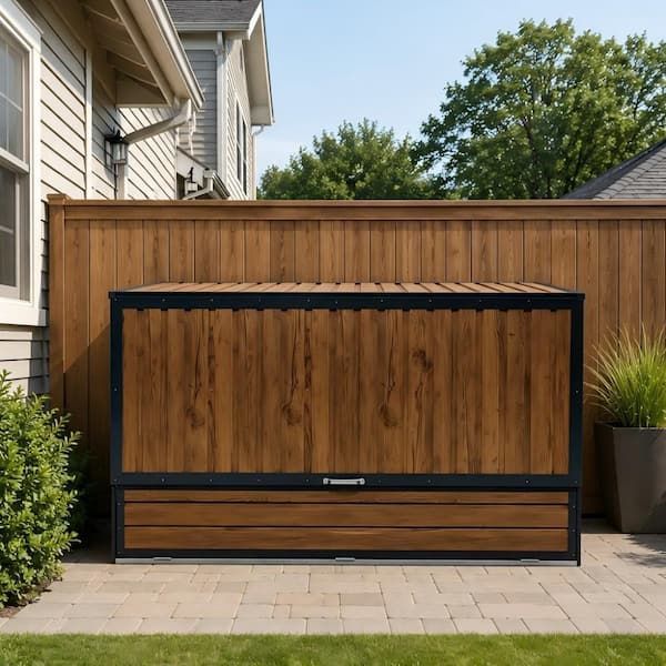 594 Gal. Wood Grain Galvanized Steel Outdoor Deck Box with Lift-Up Top and Foldable Front Door
