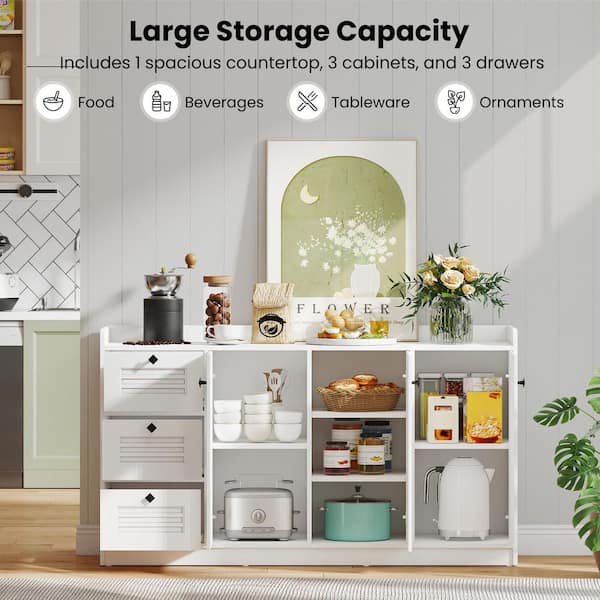 Gymax White 63 in. MDF Buffet Cabinet w/ Storage 3-Doors and 3